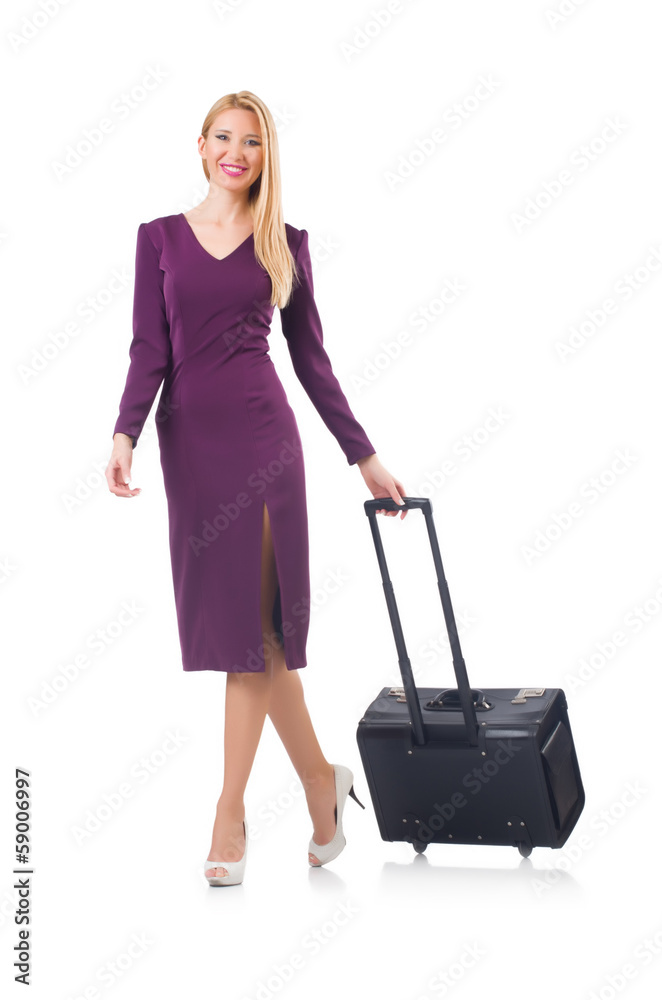 Woman preparing for vacation with suitcase on white Woman preparing for vacation with suitcase on white