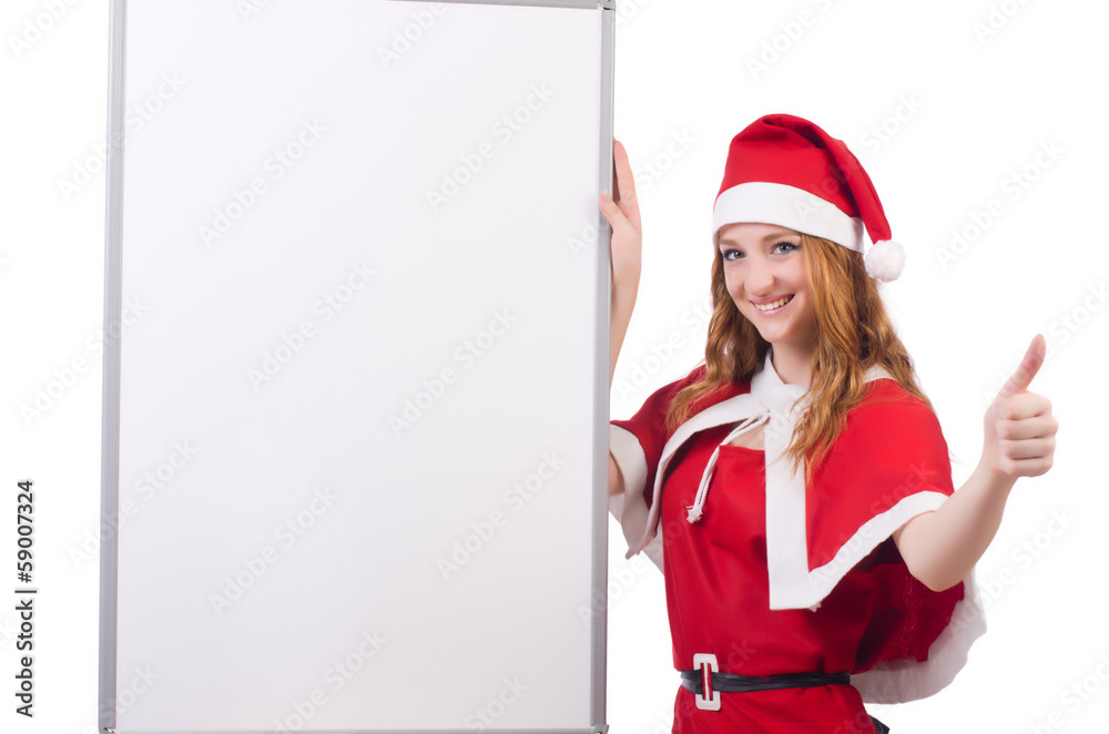 Young woman in red santa costume with blank board Young woman in red santa costume with blank board