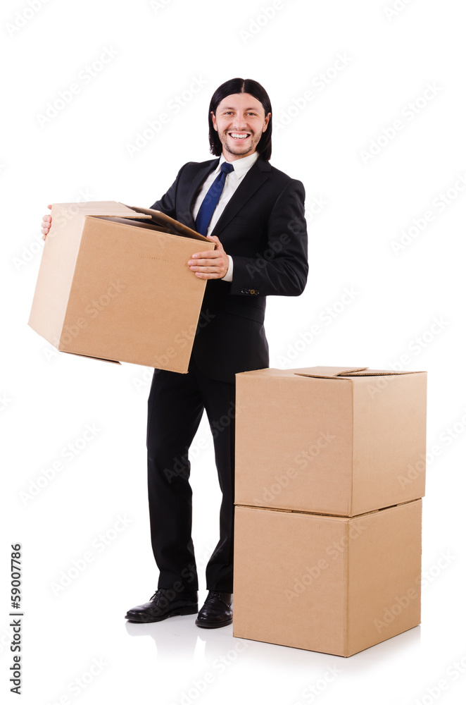 Funny man with boxes on white Funny man with boxes on white