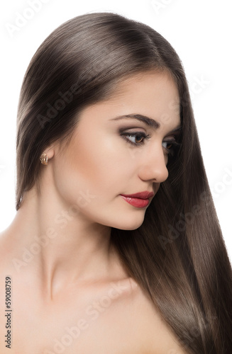 Portrait of lovely brunette woman with long strait hairstyle