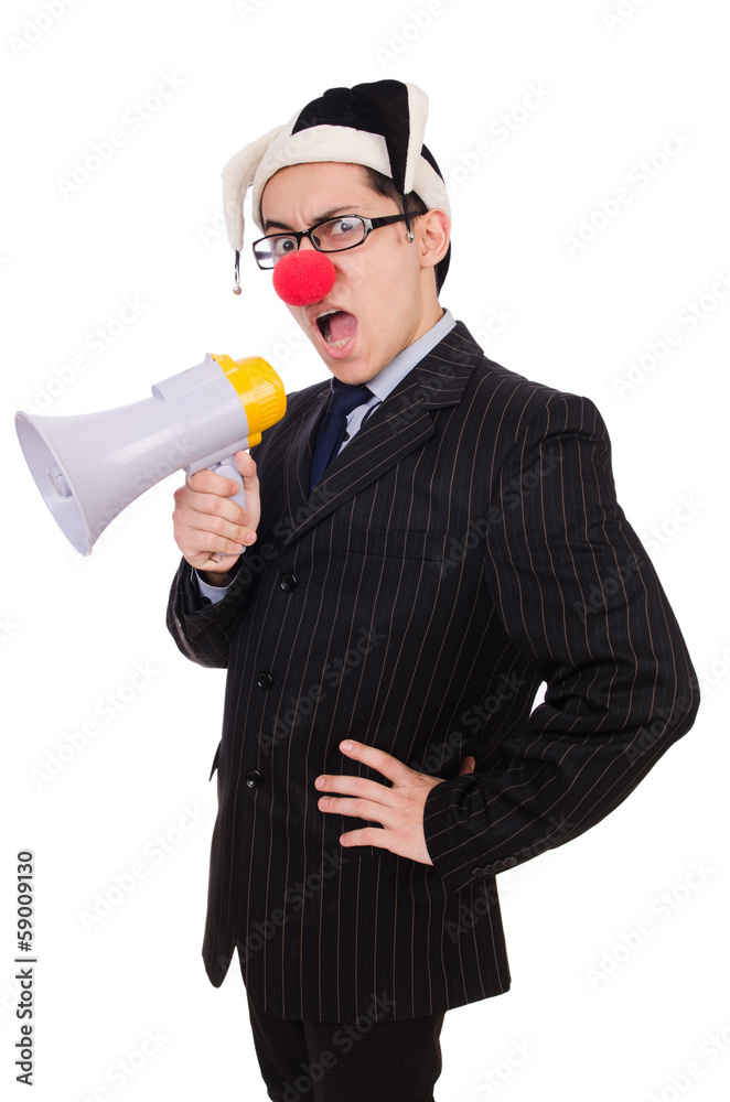 Businessman clown with loudspeaker on white Businessman clown with loudspeaker on white