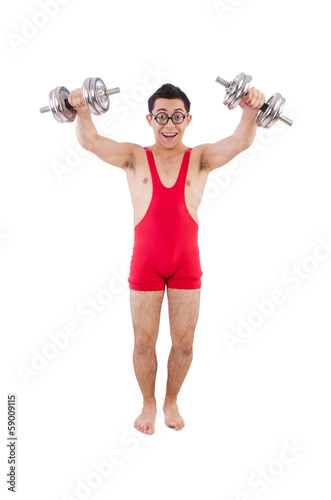 Funny guy exercising with dumbbells on white