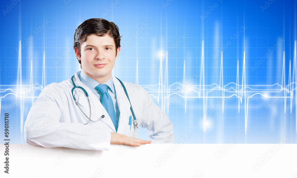 Doctor with blank banner Doctor with blank banner