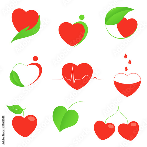 Set of hearts icons with health and eco motifs