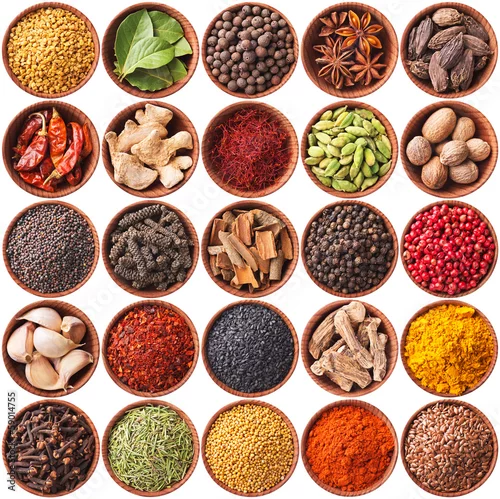 Naklejka na ścianę zbiór różnych przypraw i ziół na białym tle