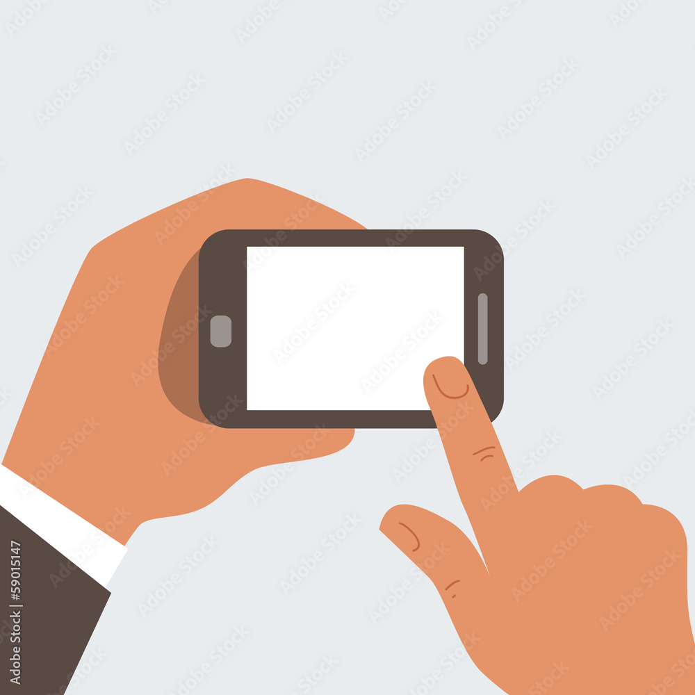 Businessman touches mobile phone with blank screen Businessman touches mobile phone with blank screen