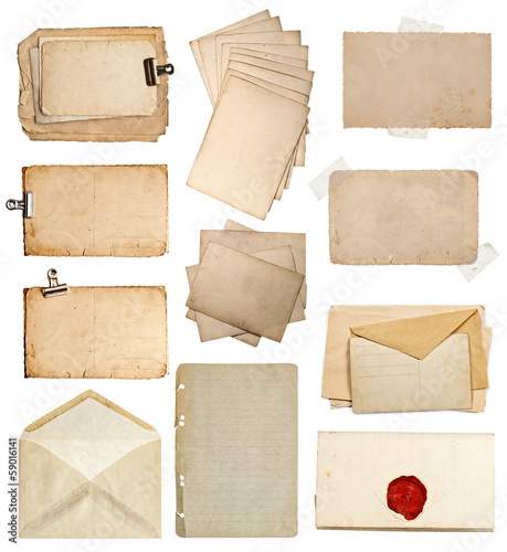 set of various old paper sheets, cards, envelopes
