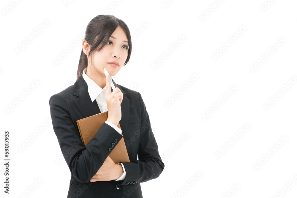 asian businesswoman thinking on white background asian businesswoman thinking on white background