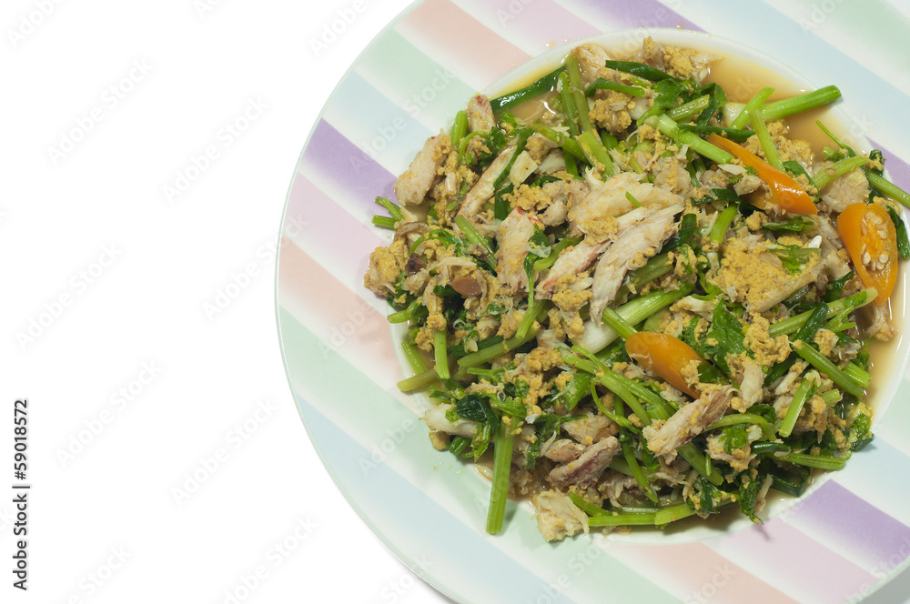 Stir-fried crab meat with curry powder and celery.