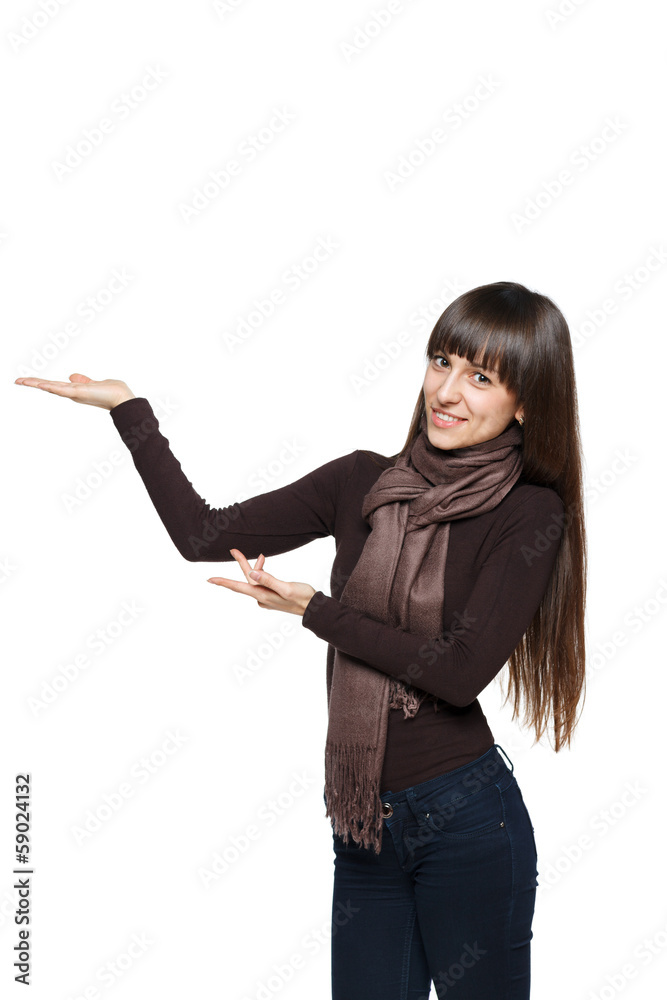 Woman showing blank copy space above Woman showing blank copy space above