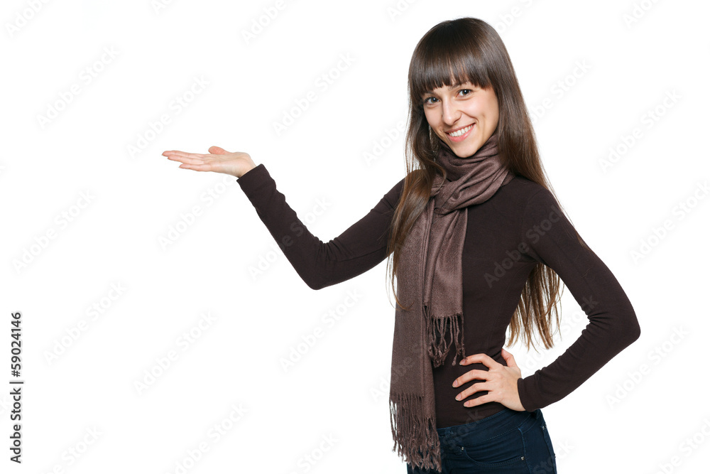 Woman holding blank copy space on her open palm