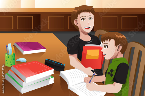 Father helping his son doing homework