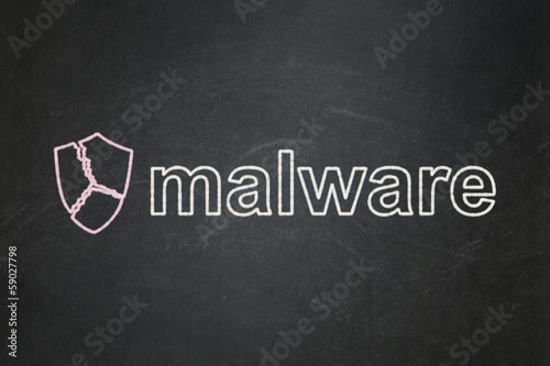 Safety concept: Broken Shield and Malware on chalkboard