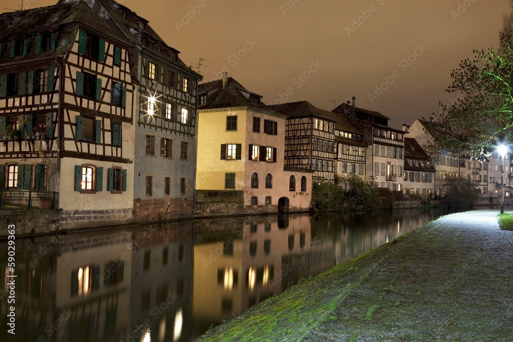 German-style houses close to canal in Strasbourg, Alsace, France