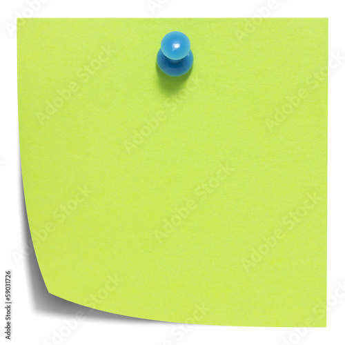 Green square sticky note, with a blue pin, isolated with shadow