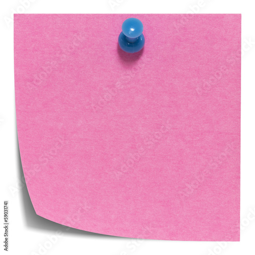 Pink square sticky note, with a blue pin, isolated with shadow