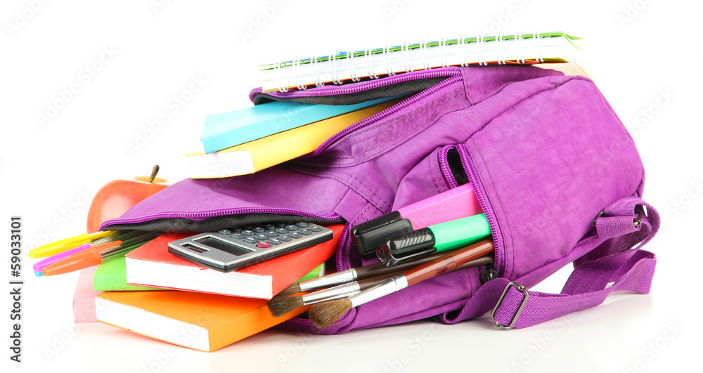Purple backpack with school supplies isolated on white Purple backpack with school supplies isolated on white