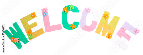 Word Welcome created with brightly colored knitting yard