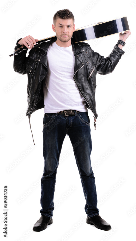 Young musician with guitar isolated on white Young musician with guitar isolated on white