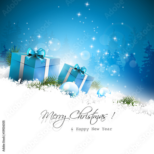 Christmas greeting card with gift boxes and branches in snow