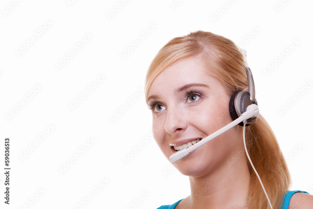 Girl with headphones and microphone headset on white