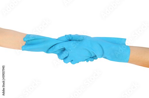 hand shake in a rubber gloves isolated on white background