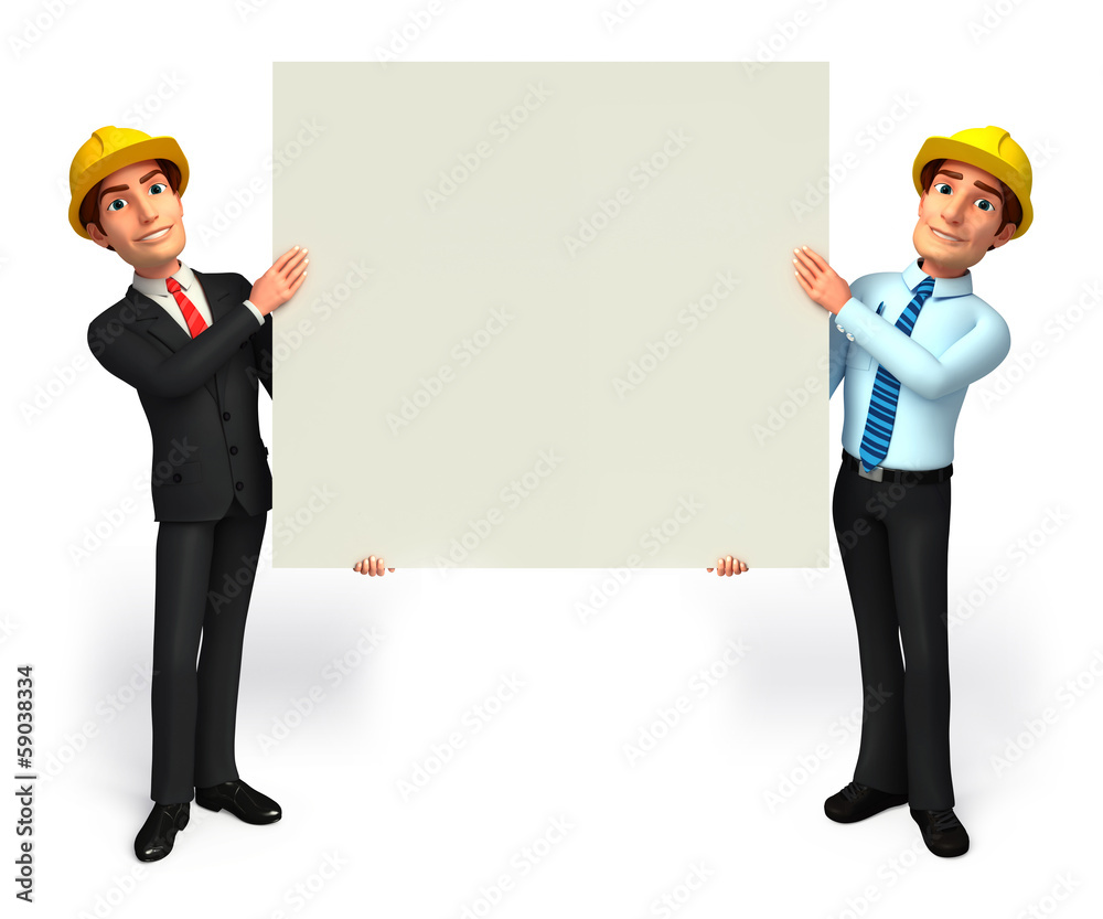 Young business man and service man with sign Young business man and service man with sign