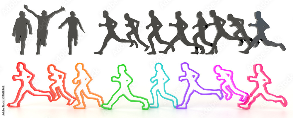 Sets of rough sketch silhouette and colorful running people in 3