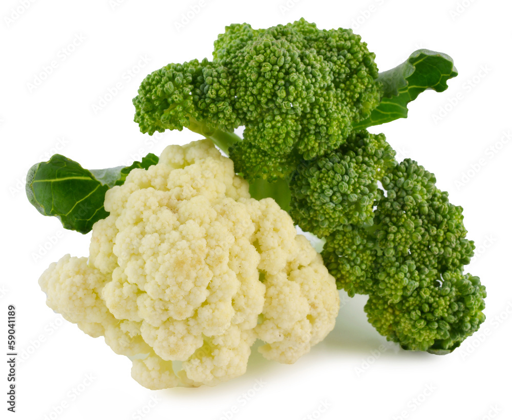 Fresh cauliflower and broccoli on a white background Fresh cauliflower and broccoli on a white background