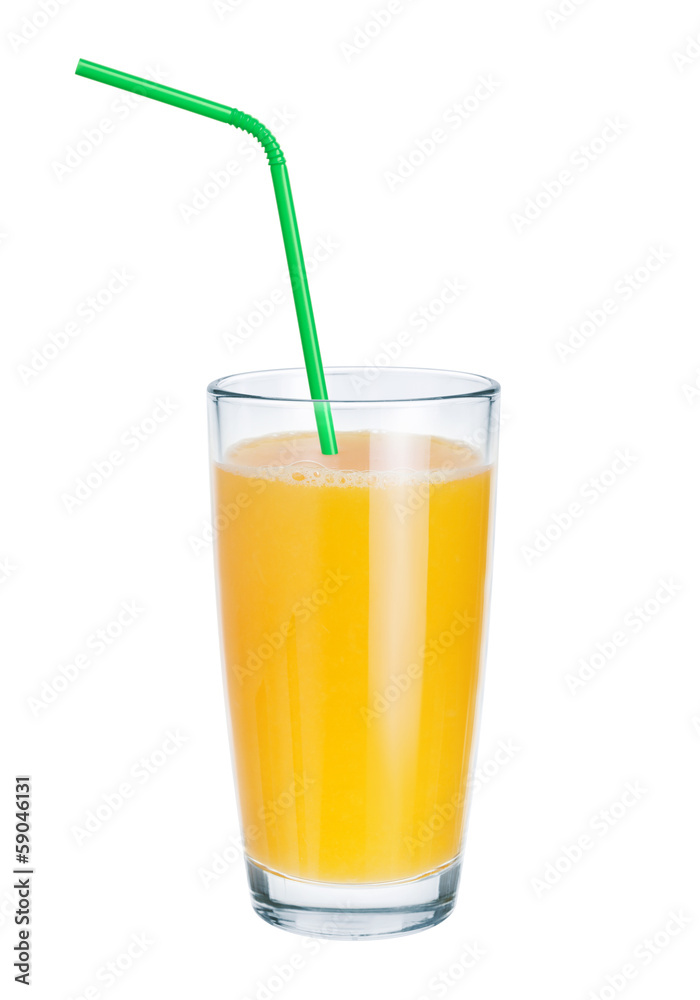 Fresh juice in glass and drinking straws on white background Fresh juice in glass and drinking straws on white background