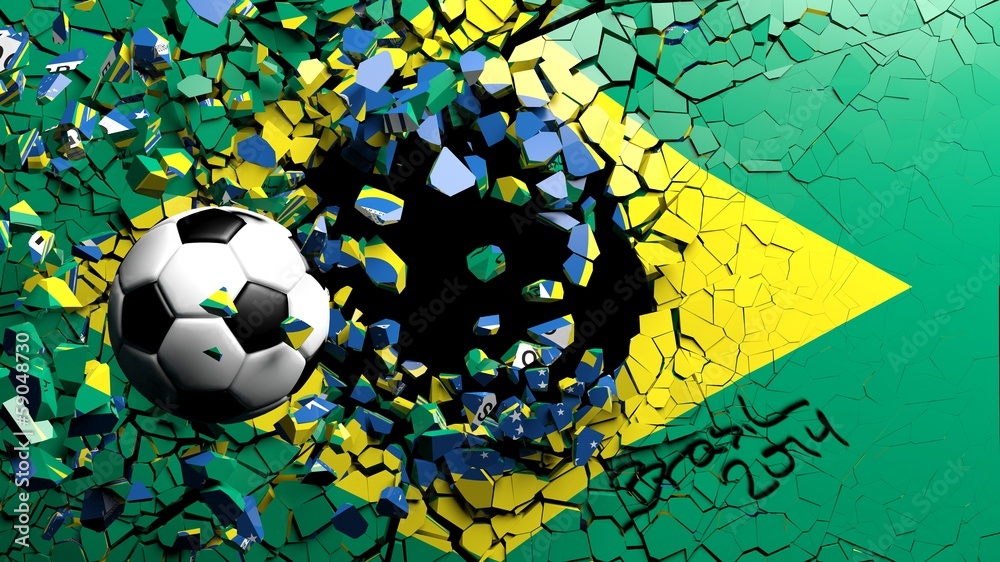 Soccer ball breaking though wall with Brazilian flag - obrazy, fototapety, plakaty 