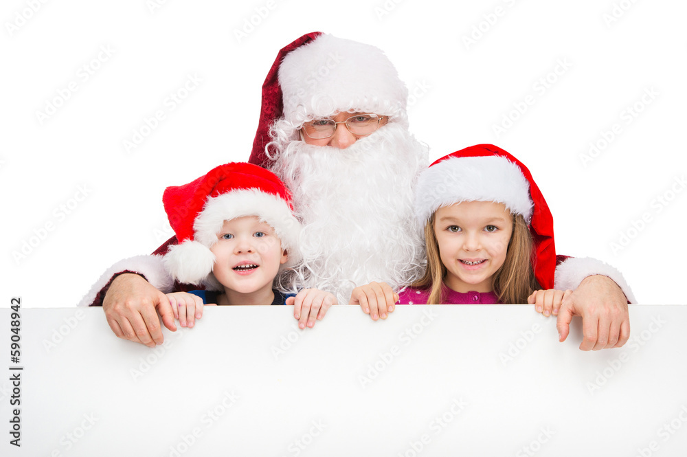 Old classic Santa Claus hugging two little kids. Old classic Santa Claus hugging two little kids.