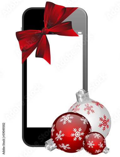 Handy mit Weihnachtskugeln und Schleife