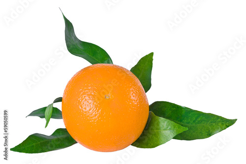 Ripe orange fruit with leaves isolated on white