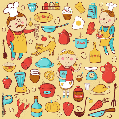 Kitchen vector set, cartoon colorful elements