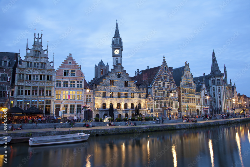 Gent - Palaces of Graselei street in evening