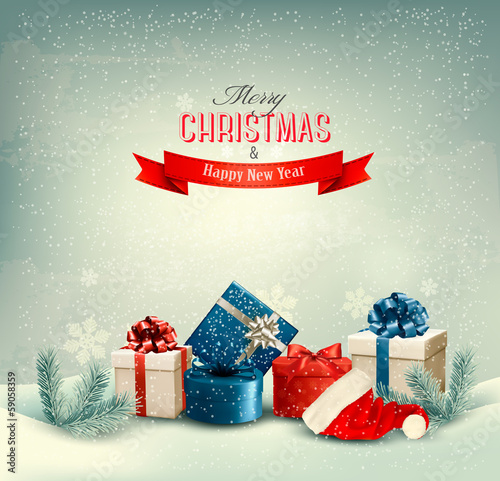 Christmas winter background with presents. Vector.