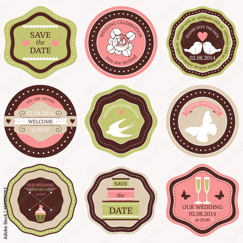 Vector collection of decorative wedding sticker and icons.