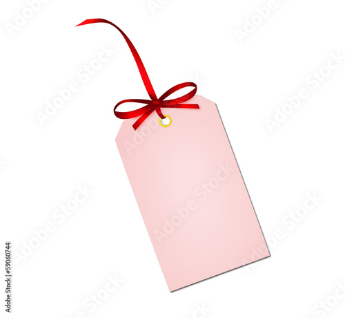 Gift card note with red ribbon bow isolated on white background