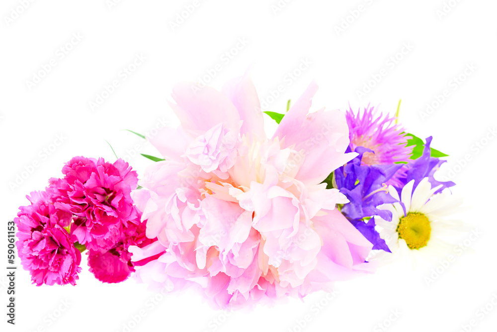 A bouquet of peony, carnation and clover isolated on white backg A bouquet of peony, carnation and clover isolated on white backg