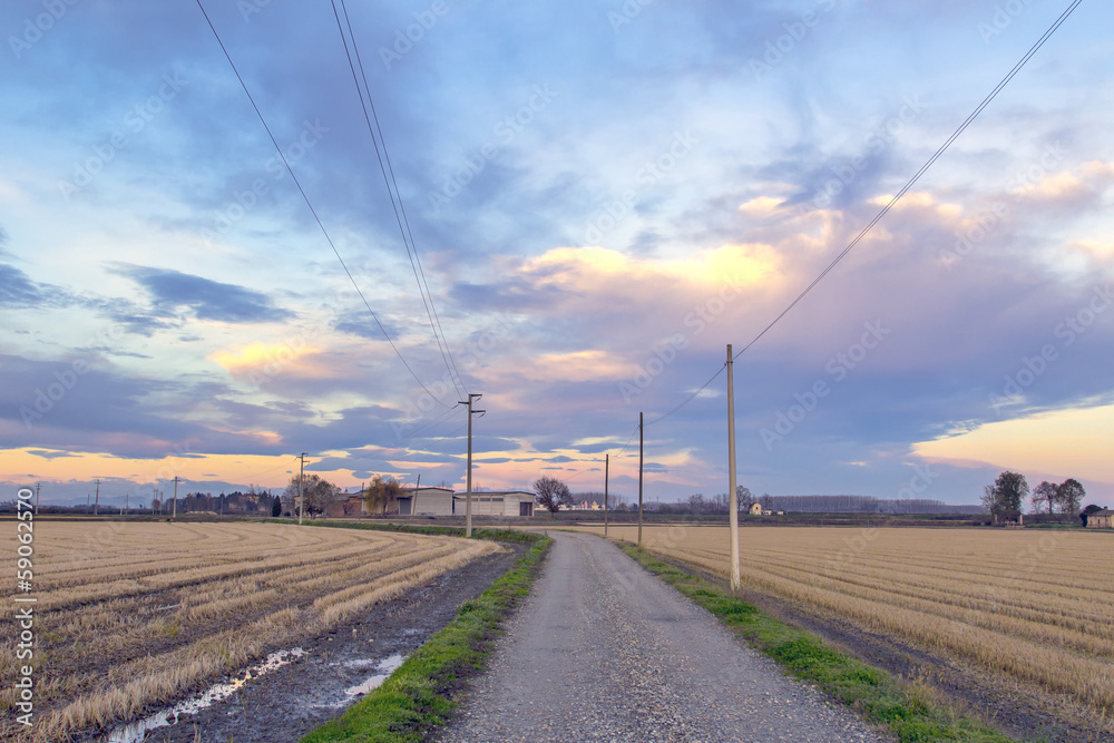 Countryside winter panorama at sunset color image