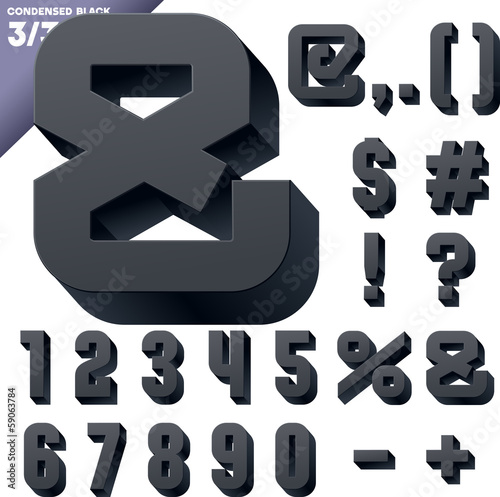 Three-dimensional condensed alphabet. Clear color style