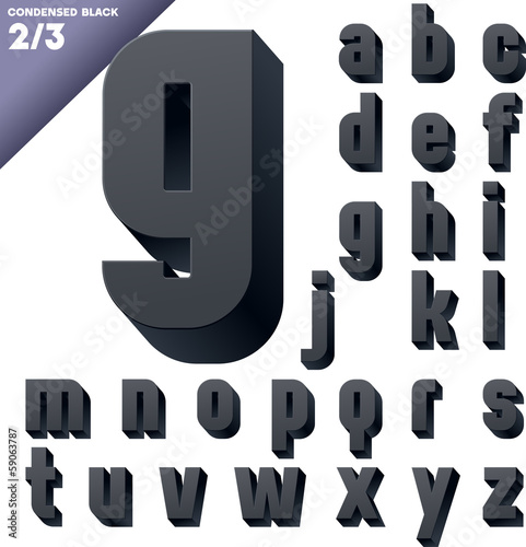 Three-dimensional condensed alphabet. Clear color style