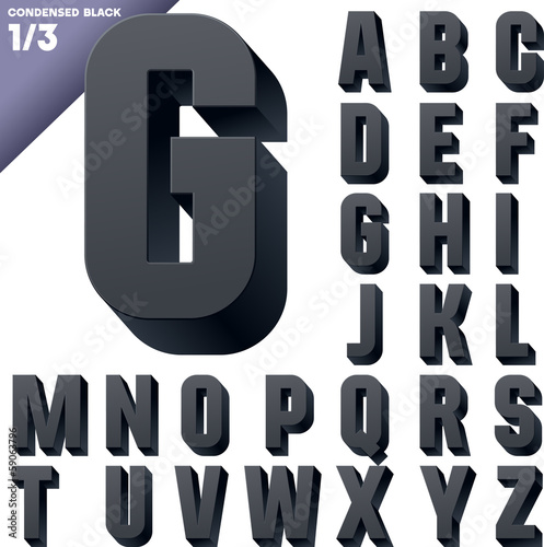 Three-dimensional condensed alphabet. Clear color style