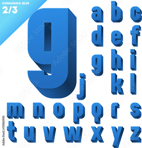 Three-dimensional condensed alphabet. Clear color style