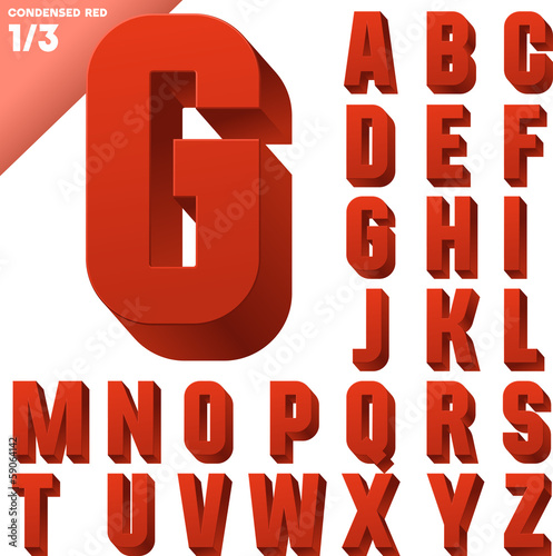 Three-dimensional condensed alphabet. Clear color style