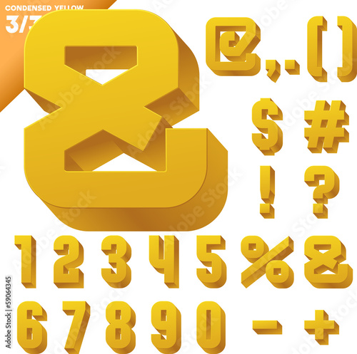Three-dimensional condensed alphabet. Clear color style