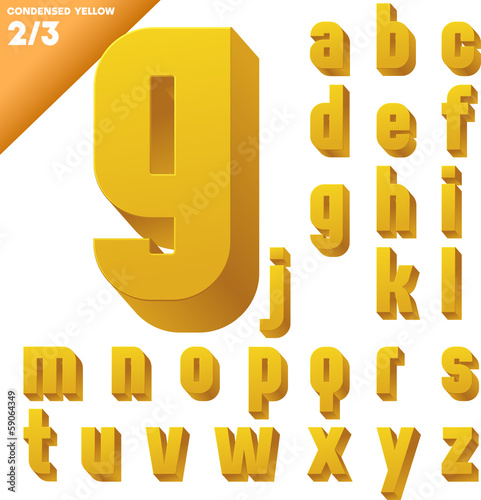 Three-dimensional condensed alphabet. Clear color style