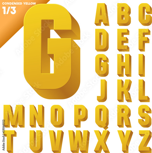Three-dimensional condensed alphabet. Clear color style