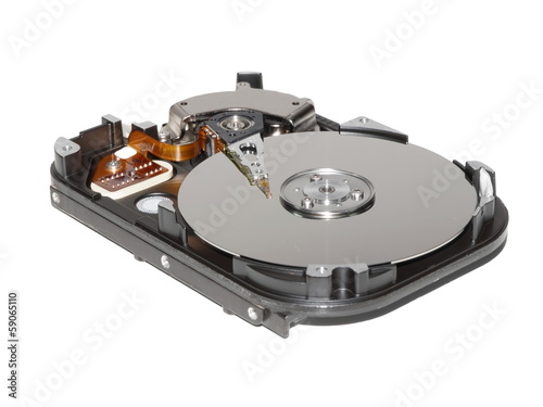 Opened hard disk drive isolated on white background